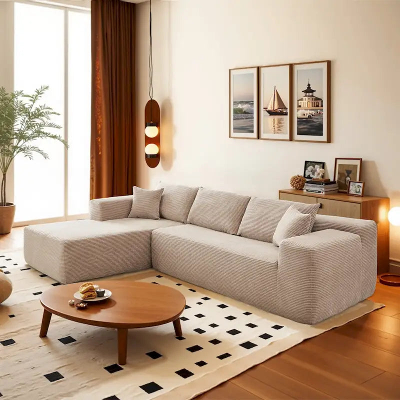 Gray Corduroy L-Shaped Sectional Sofa 3-Seater