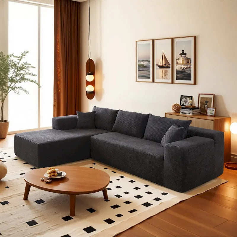 HOOOWOOO Modern L-Shaped Sectional Sofa Corduroy Upholstery Couch with Pillows