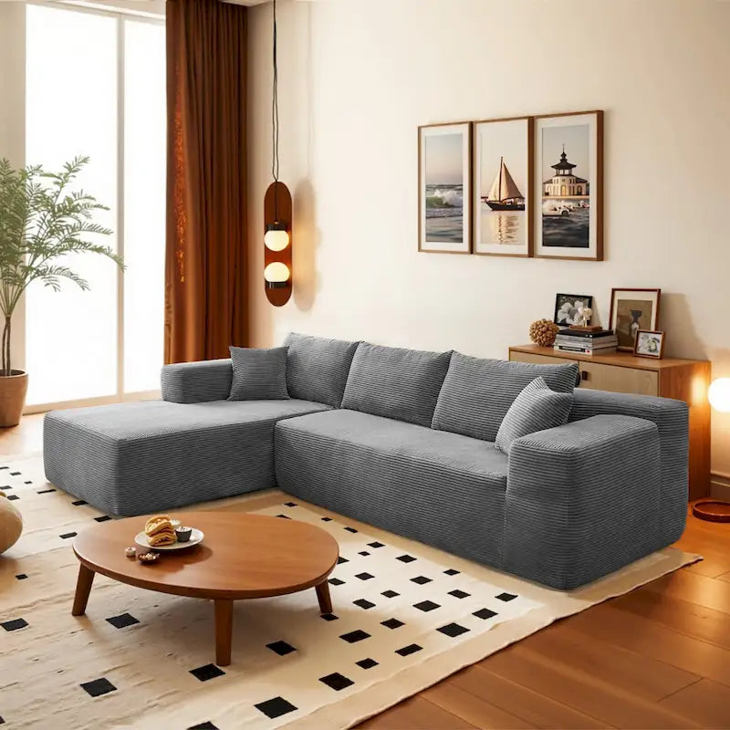 Gray Corduroy L-Shaped Sectional Sofa 3-Seater
