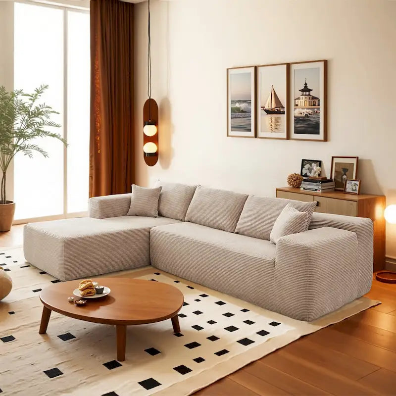 Gray Corduroy L-Shaped Sectional Sofa 3-Seater