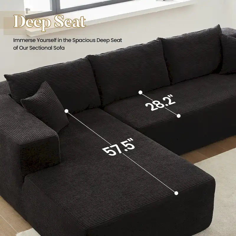 Gray Corduroy L-Shaped Sectional Sofa 3-Seater