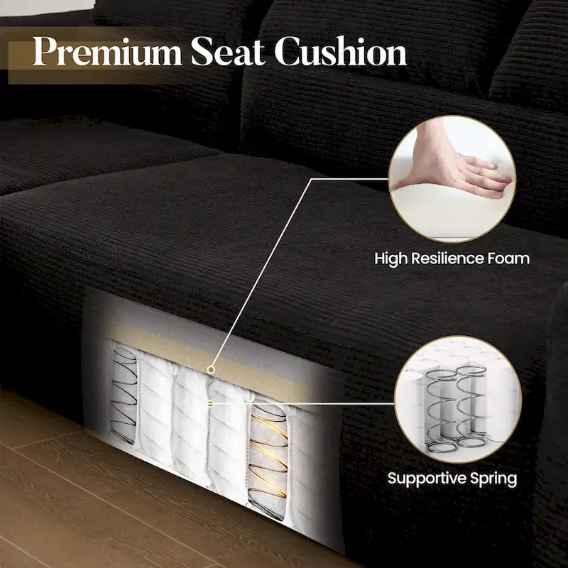 Gray Corduroy L-Shaped Sectional Sofa 3-Seater