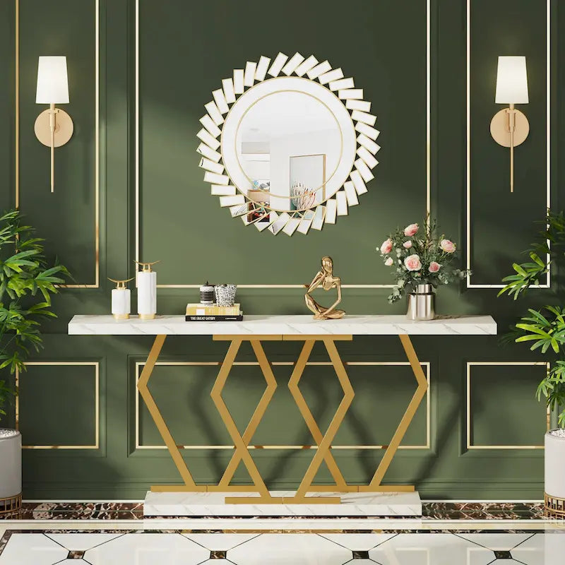 70.9 Inch Extra Long Modern Sofa Console Table with Faux Marble Tabletop Base Gold Frame for Living Room Entryway Hallway