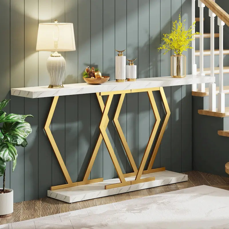 70.9 Inch Extra Long Modern Sofa Console Table with Faux Marble Tabletop Base Gold Frame for Living Room Entryway Hallway