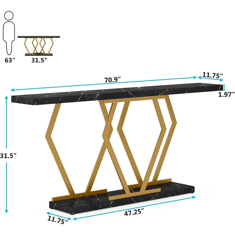 70.9 Inch Extra Long Modern Sofa Console Table with Faux Marble Tabletop Base Gold Frame for Living Room Entryway Hallway