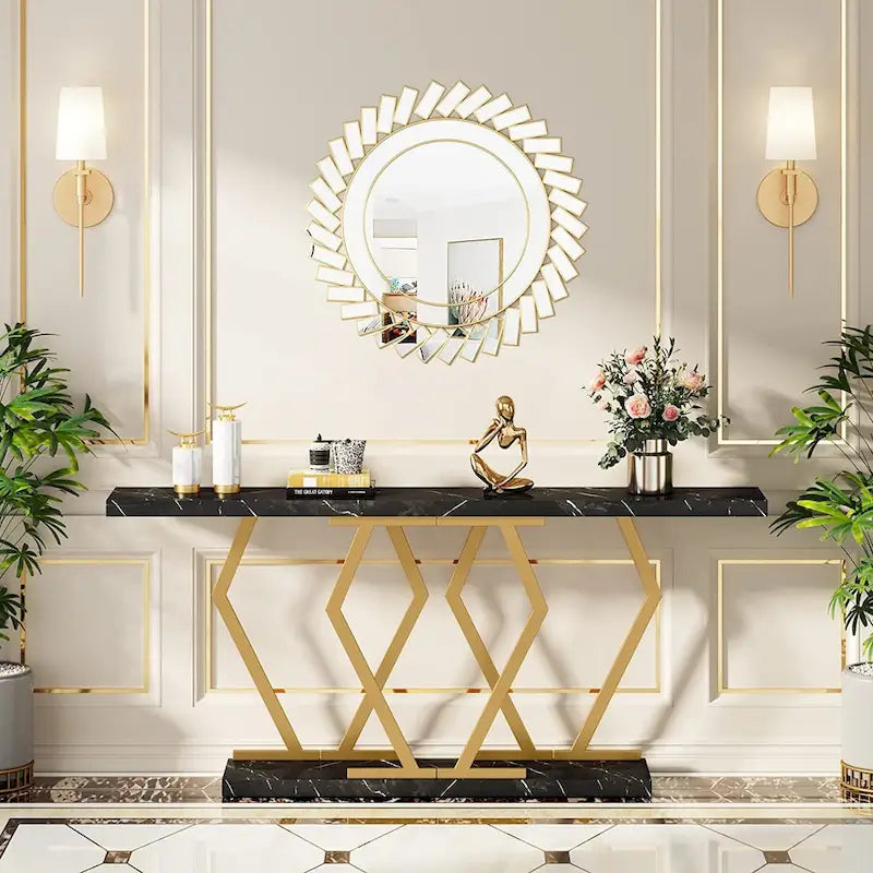 70.9 Inch Extra Long Modern Sofa Console Table with Faux Marble Tabletop Base Gold Frame for Living Room Entryway Hallway