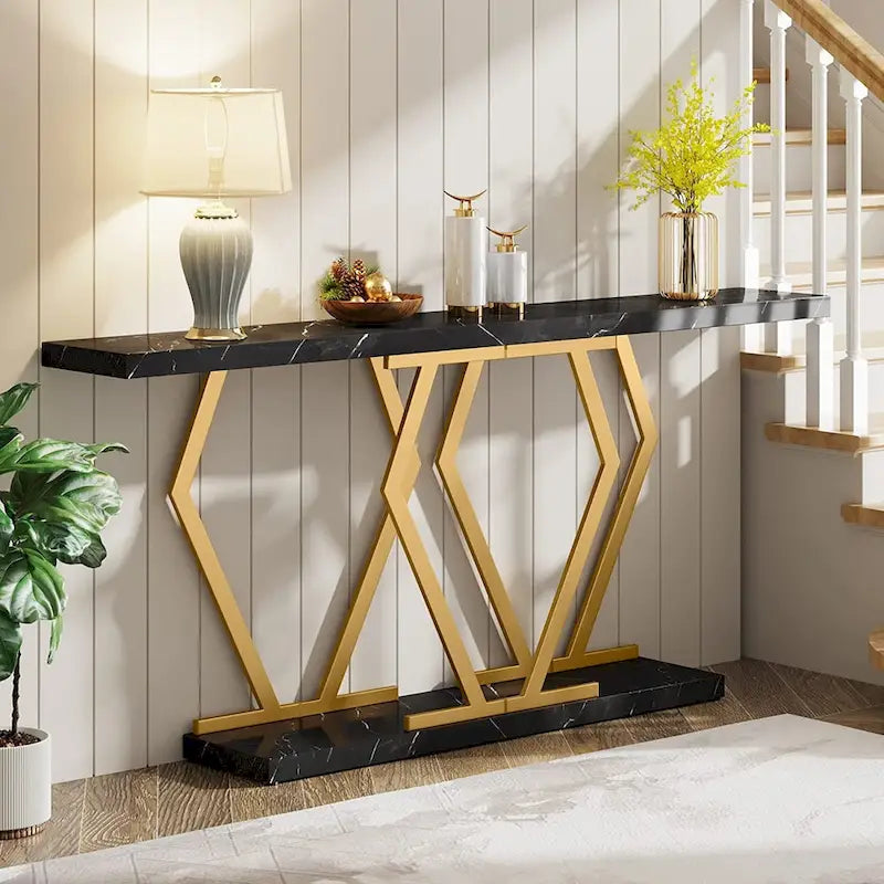 70.9 Inch Extra Long Modern Sofa Console Table with Faux Marble Tabletop Base Gold Frame for Living Room Entryway Hallway