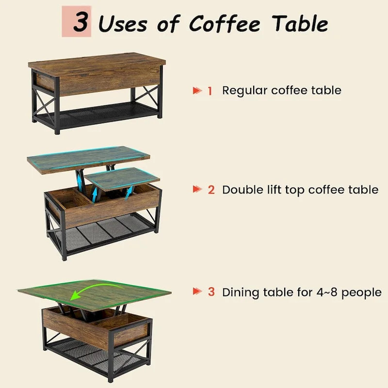 Lift Top Coffee Table Open Storage Shelf & Hidden Classified Storage