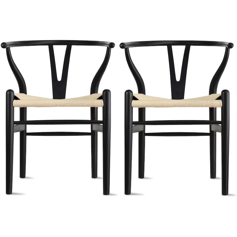 Wood Y-Back Armchairs with Woven Rope Seats - Set of 2
