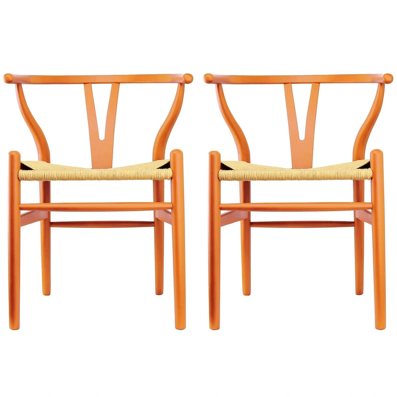 Wood Y-Back Armchairs with Woven Rope Seats - Set of 2