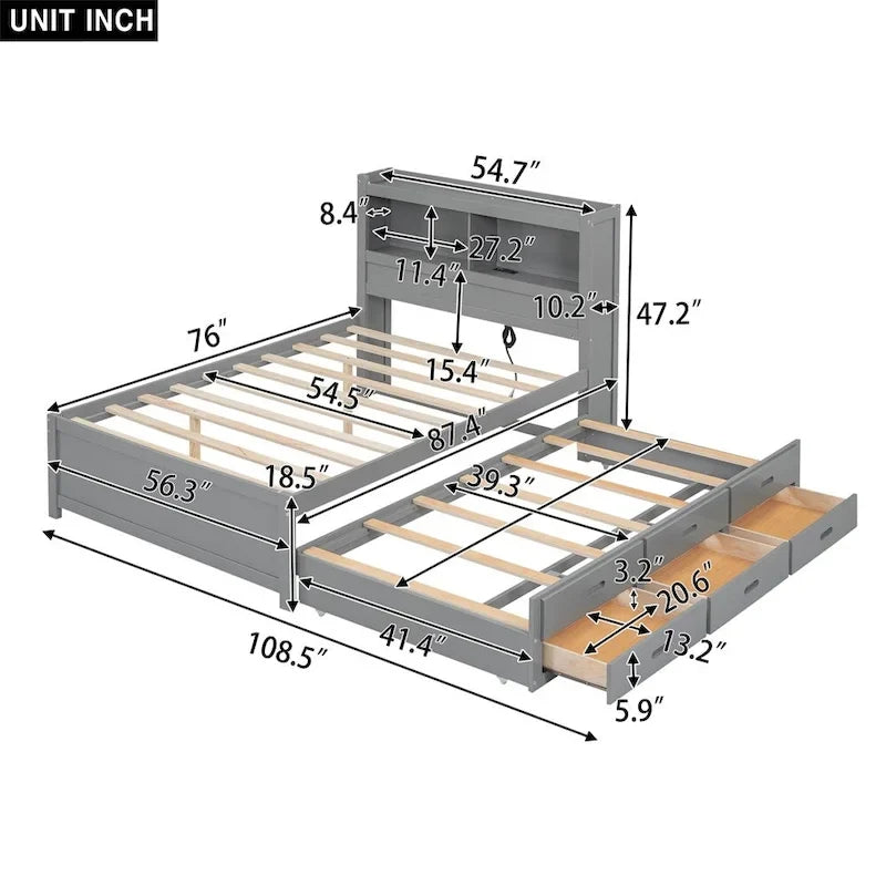 Full Size Platform Bed with Trundle and USB Plugs