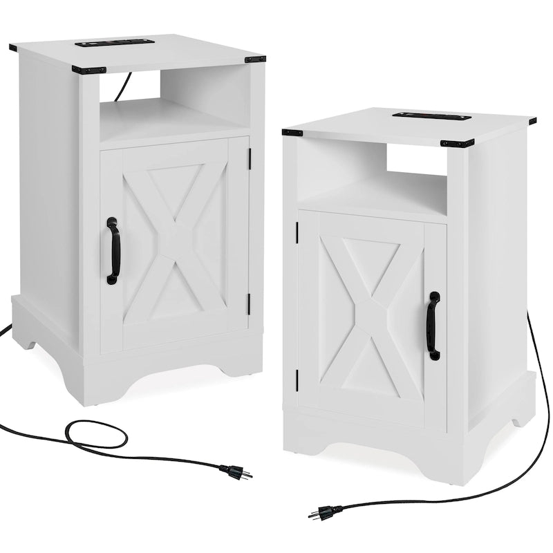 Farmhouse Nightstand with Charging Station and Barn Door (Set of 2)