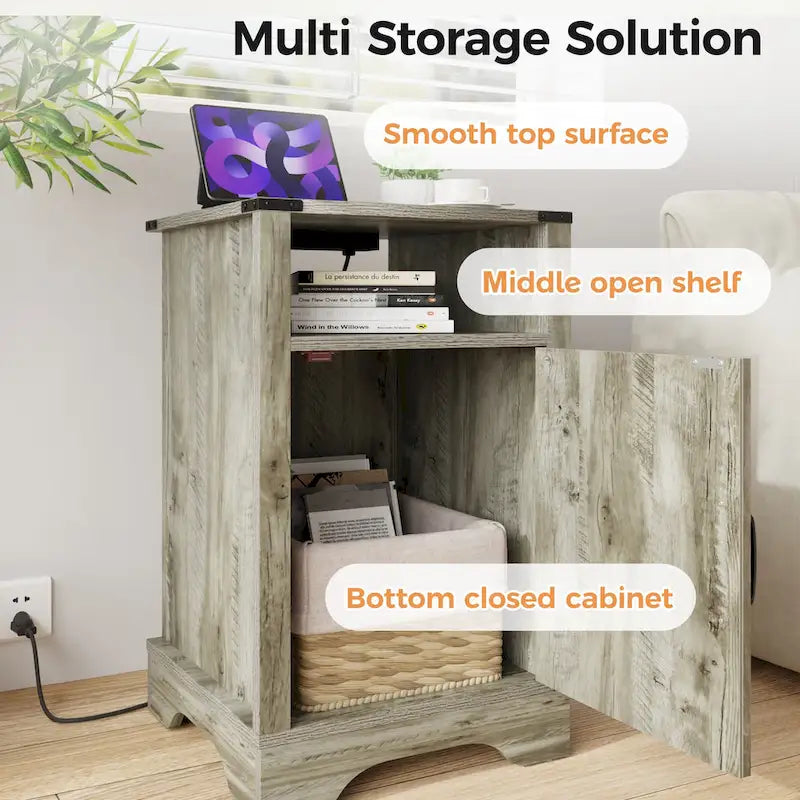 Farmhouse Nightstand with Charging Station and Barn Door (Set of 2)