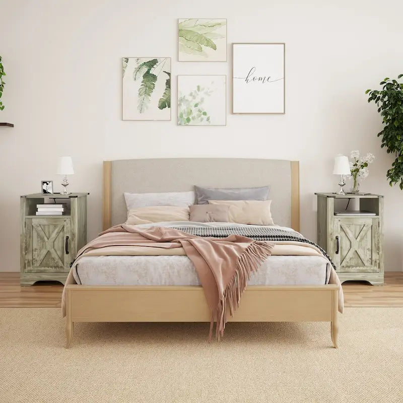 Farmhouse Nightstand with Charging Station and Barn Door (Set of 2)
