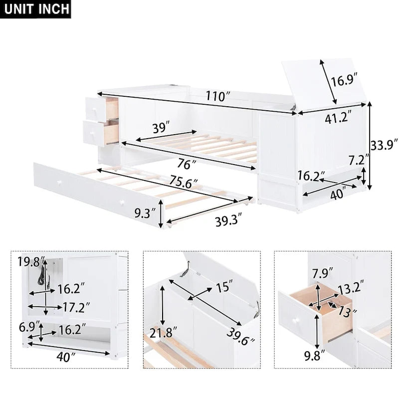 Twin Size Daybed with Storage Arms