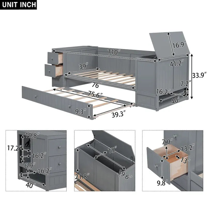 Twin Size Daybed with Storage Arms