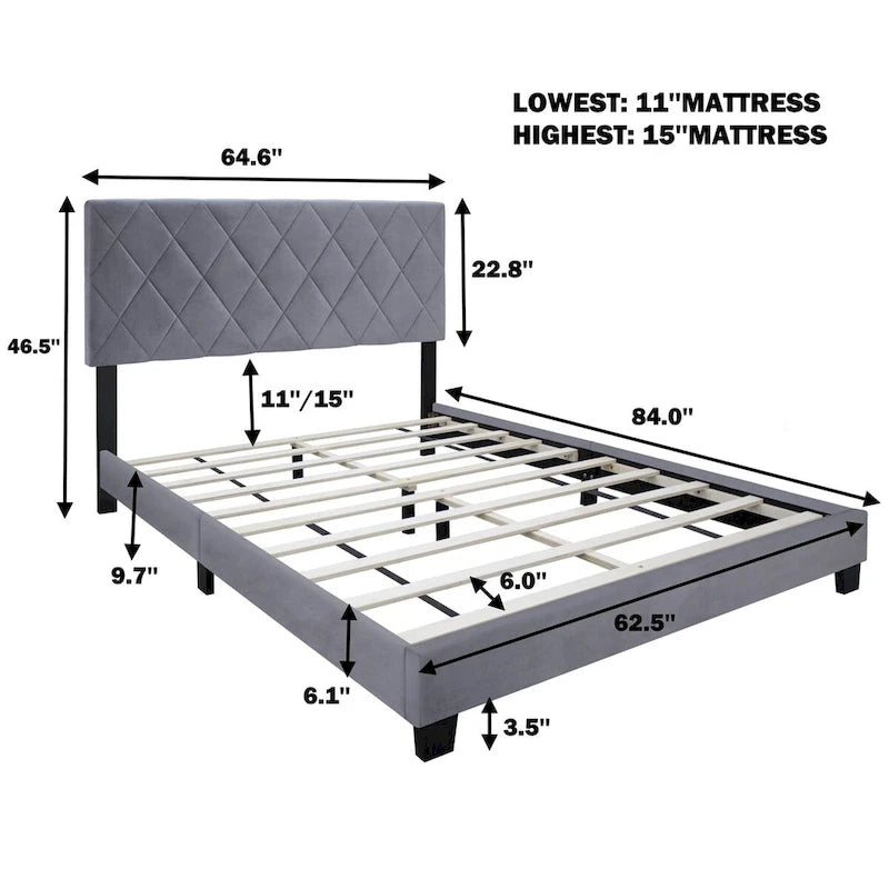 Gray Collection Queen Size Upholstered Headboard Adjustable Bed Frame Velvet Fabric Hot Style Super Popular Series