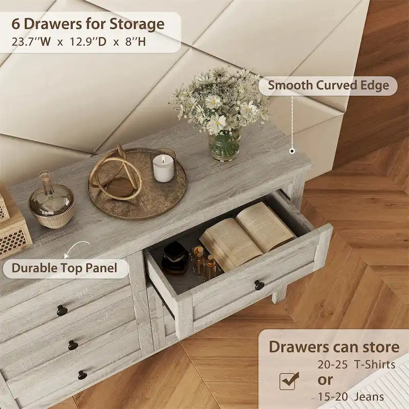 Farmhouse Style Wooden Dresser with 6 Drawer