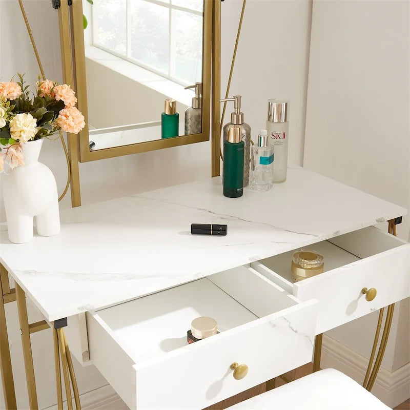 Bedroom Vintage Makeup Vanity Table Set with Stool and Mirror