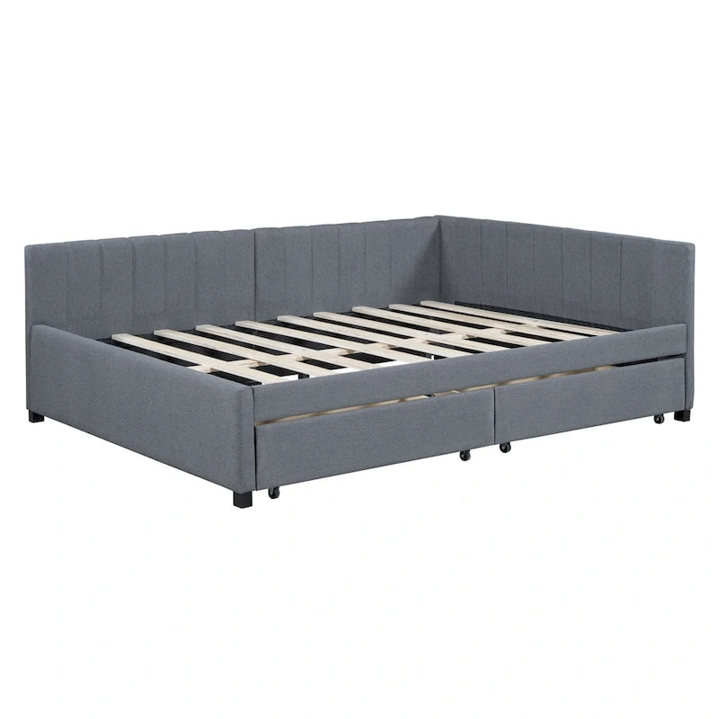 Full Size Upholstered Daybed with 2 Storage Drawers Sofa Bed Frame No Box Spring Needed