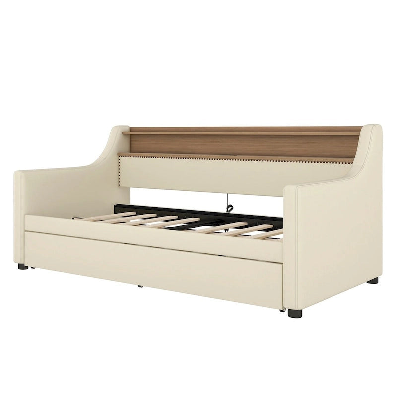 PU Leather Twin Size Daybed with Trundle
