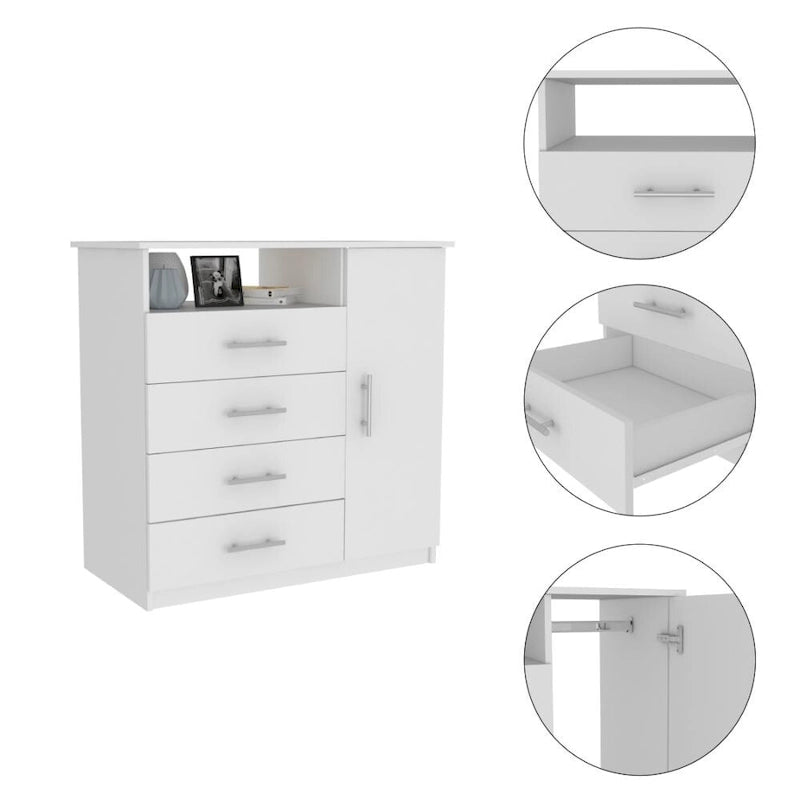 4 Drawer Dresser, Single Door Cabinet, One Open Shelf, Superior Top