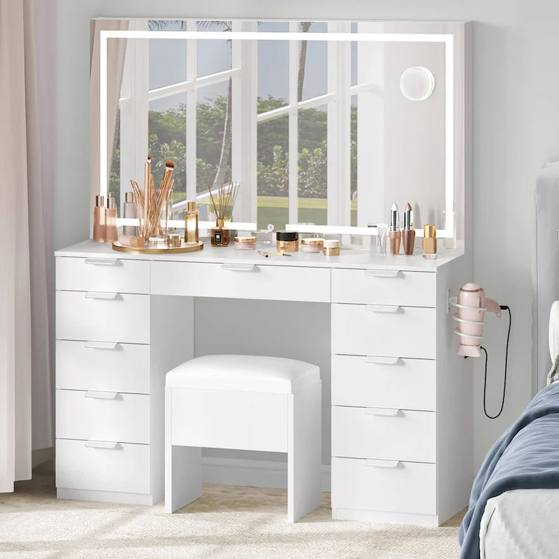 Moasis 46Vanity With Built-in Socket With Illuminated Mirror and Hair Dryer Rack - 55.8 H X 46 W X 11.7 D