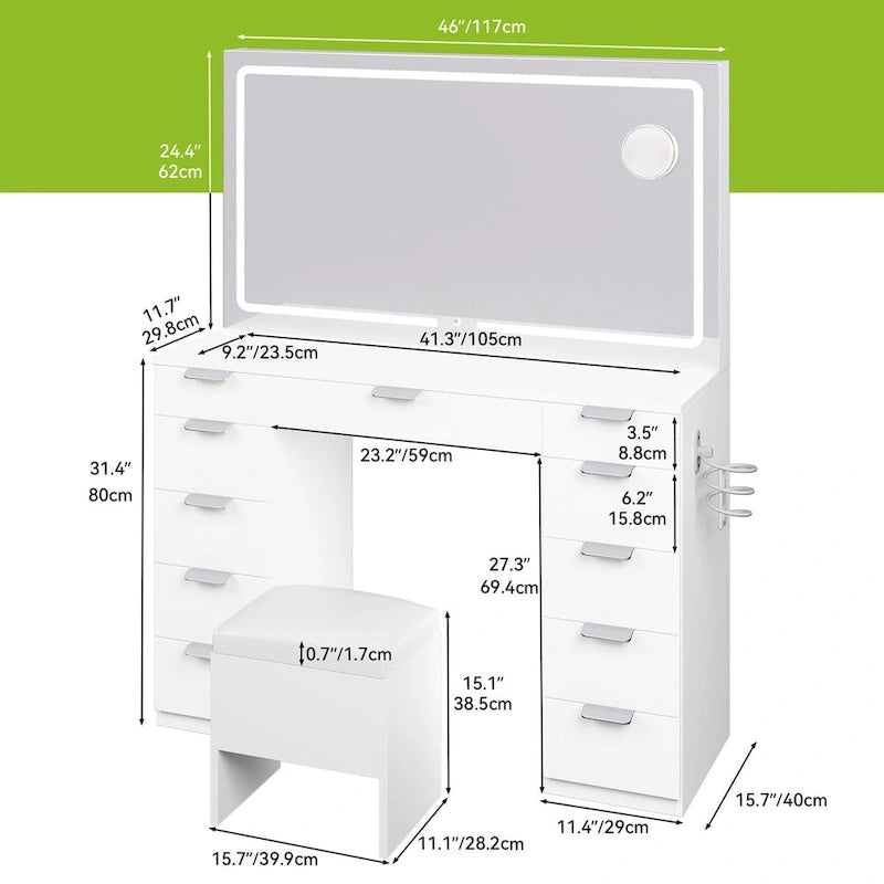 Moasis 46Vanity With Built-in Socket With Illuminated Mirror and Hair Dryer Rack - 55.8 H X 46 W X 11.7 D
