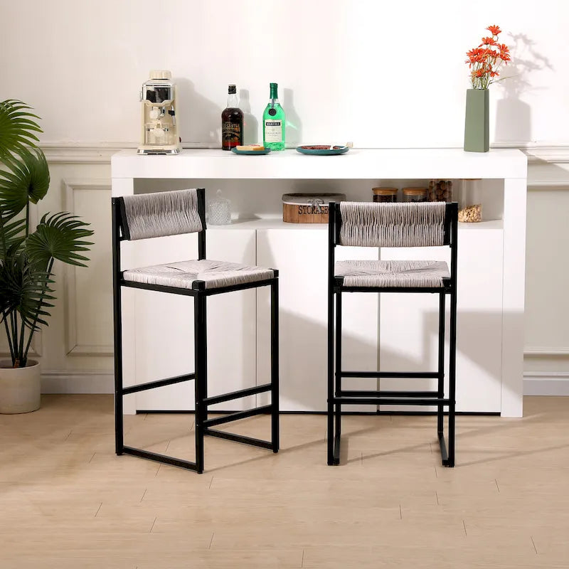 Set of 2 Papetr Rope Woven Dining Chairs, Bar Stools with Footrest