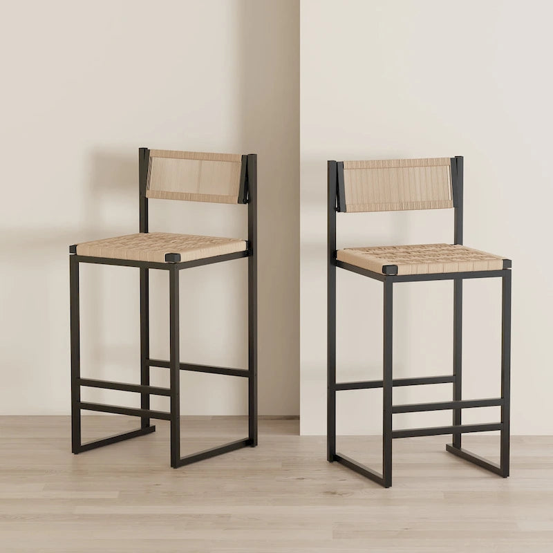 Set of 2 Papetr Rope Woven Dining Chairs, Bar Stools with Footrest