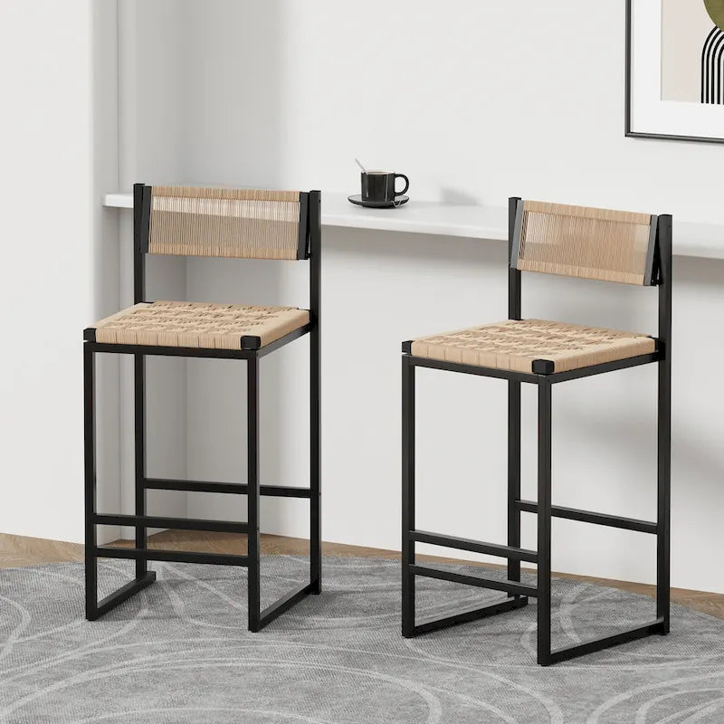 Set of 2 Papetr Rope Woven Dining Chairs, Bar Stools with Footrest