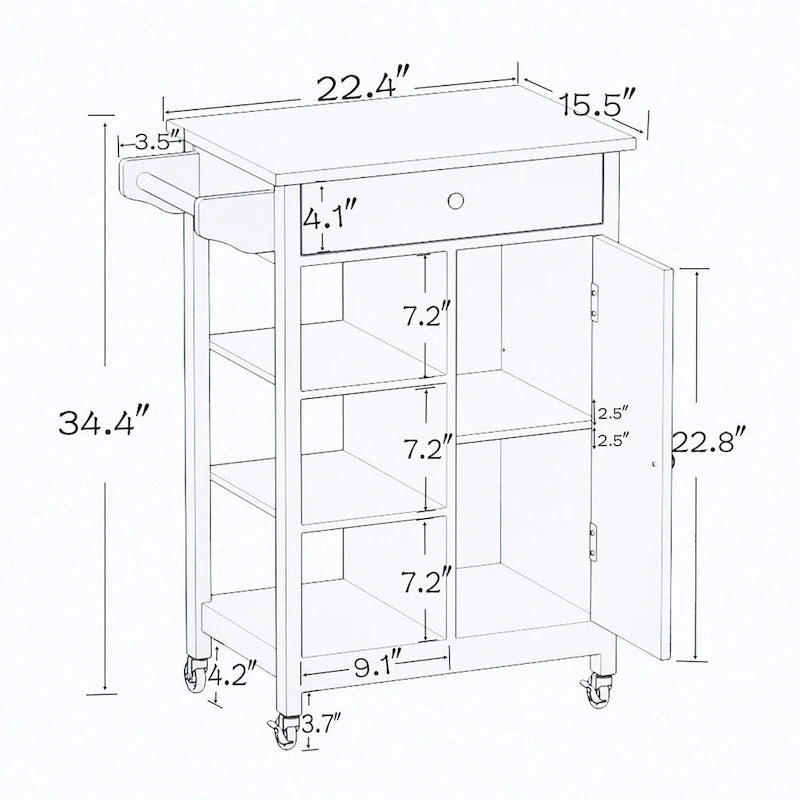 White Rolling Kitchen Island with Towel Rack