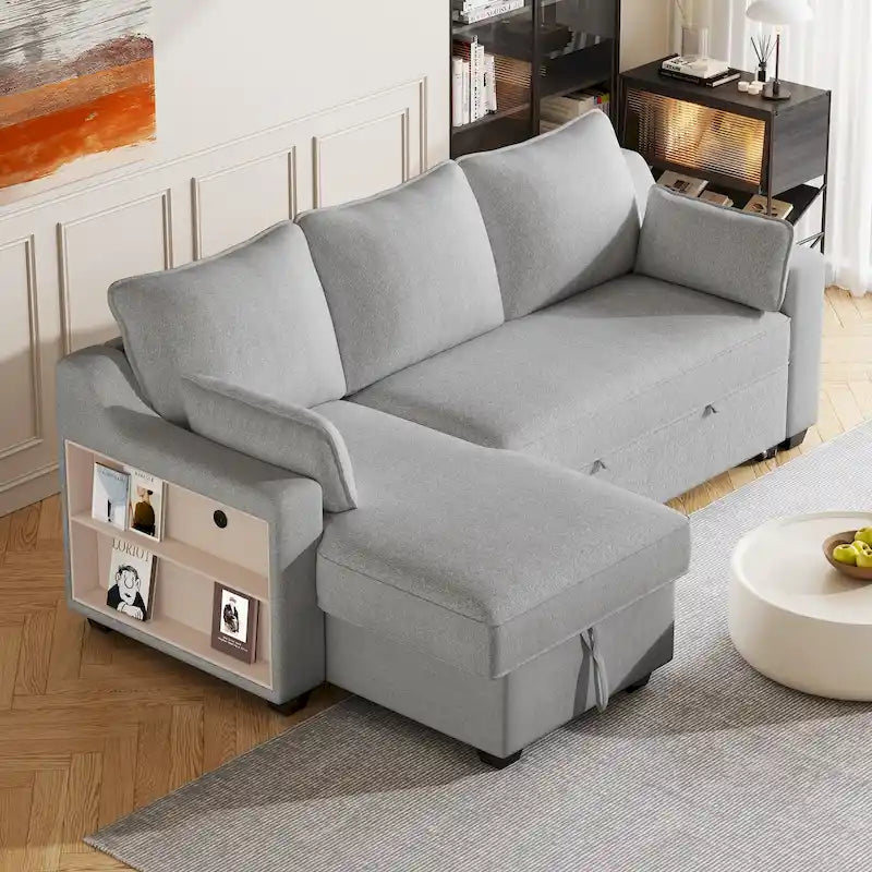 Grey L-Shaped Sleeper Sofa with Storage Chaise and USB Ports