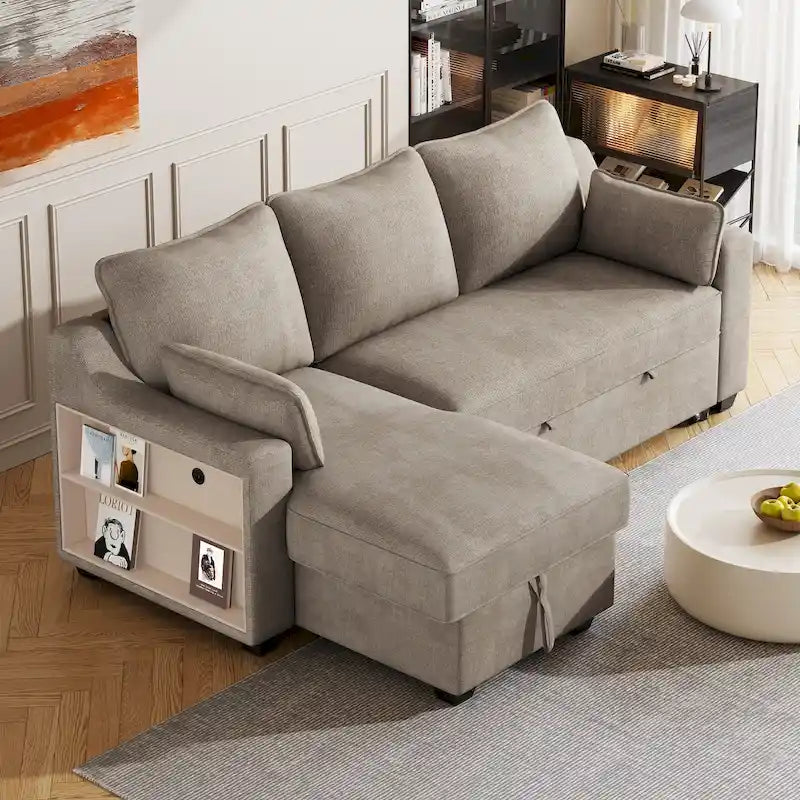 Grey L-Shaped Sleeper Sofa with Storage Chaise and USB Ports
