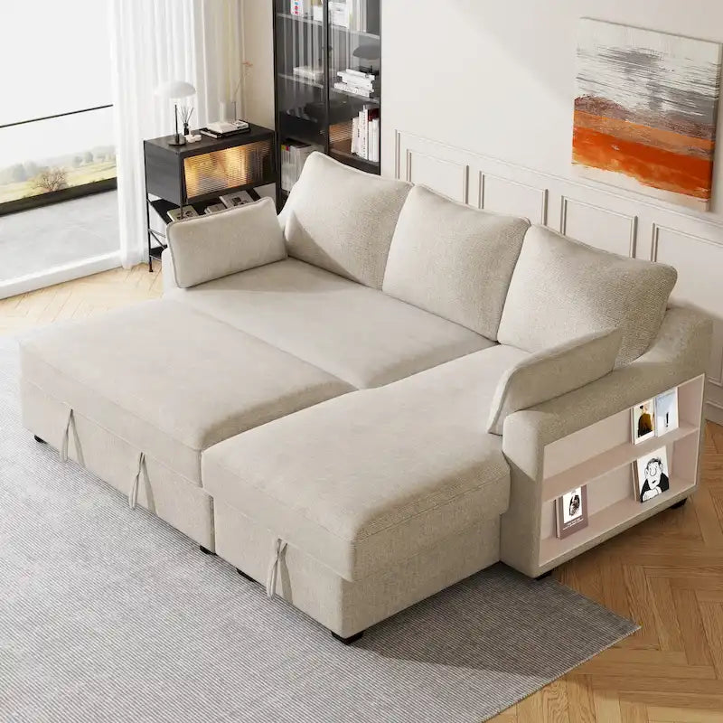 Grey L-Shaped Sleeper Sofa with Storage Chaise and USB Ports