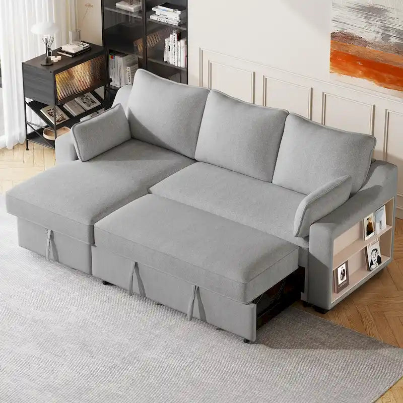 Grey L-Shaped Sleeper Sofa with Storage Chaise and USB Ports