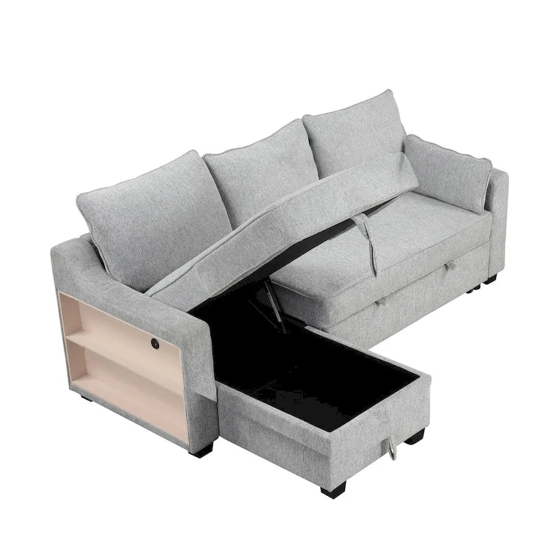 Grey L-Shaped Sleeper Sofa with Storage Chaise and USB Ports