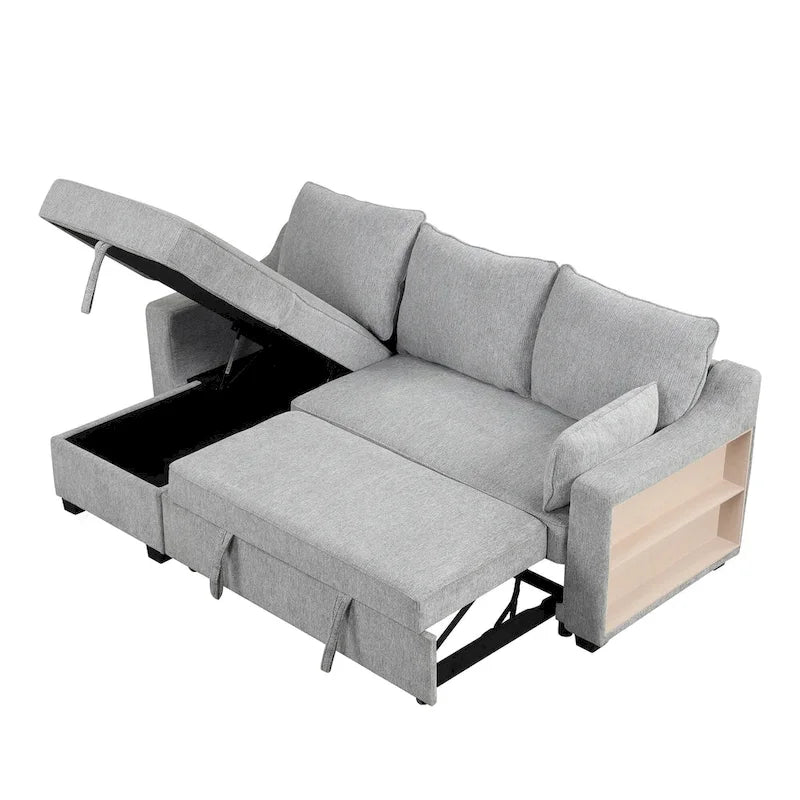 Grey L-Shaped Sleeper Sofa with Storage Chaise and USB Ports