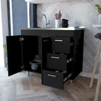 Darien melamine base cabinet, three drawers and stainless steel top. - N/A