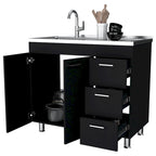 Darien melamine base cabinet, three drawers and stainless steel top. - N/A