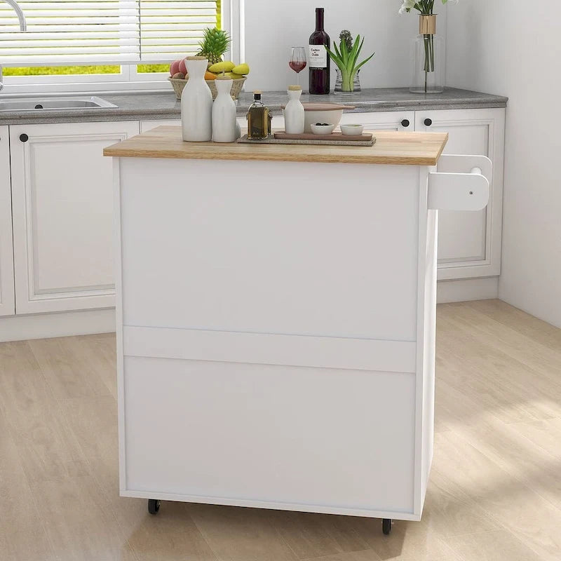 32.87 W Modern Rubberwood Countertop Kitchen Island with Adjustable Shelves and Towel Racks