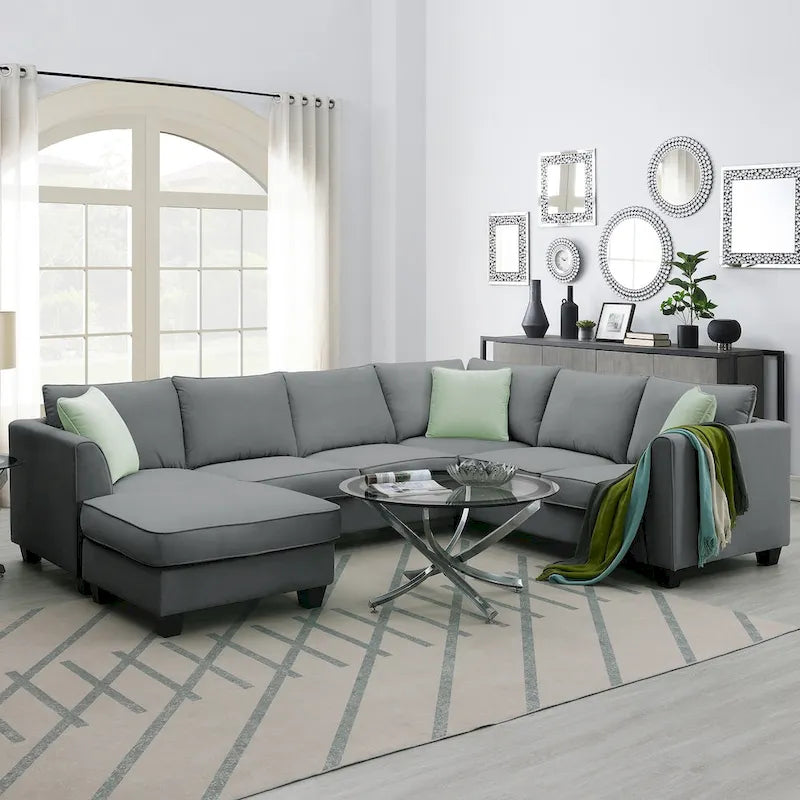 112*87 Sectional Sofa Couche Living Room Sets,7 Seats Sectional Sofa with Ottoman, L Shape Sofa Corner Couch Set with 3 Pillows