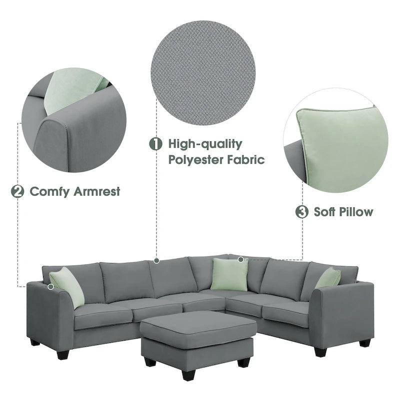 112*87 Sectional Sofa Couche Living Room Sets,7 Seats Sectional Sofa with Ottoman, L Shape Sofa Corner Couch Set with 3 Pillows