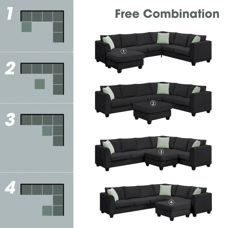 112*87 Sectional Sofa Couche Living Room Sets,7 Seats Sectional Sofa with Ottoman, L Shape Sofa Corner Couch Set with 3 Pillows