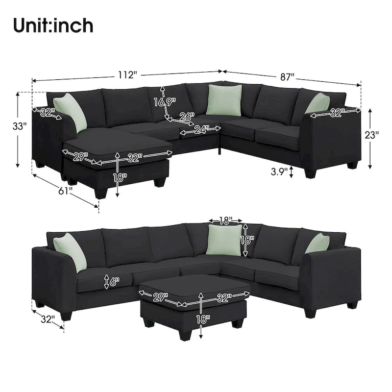 112*87 Sectional Sofa Couche Living Room Sets,7 Seats Sectional Sofa with Ottoman, L Shape Sofa Corner Couch Set with 3 Pillows