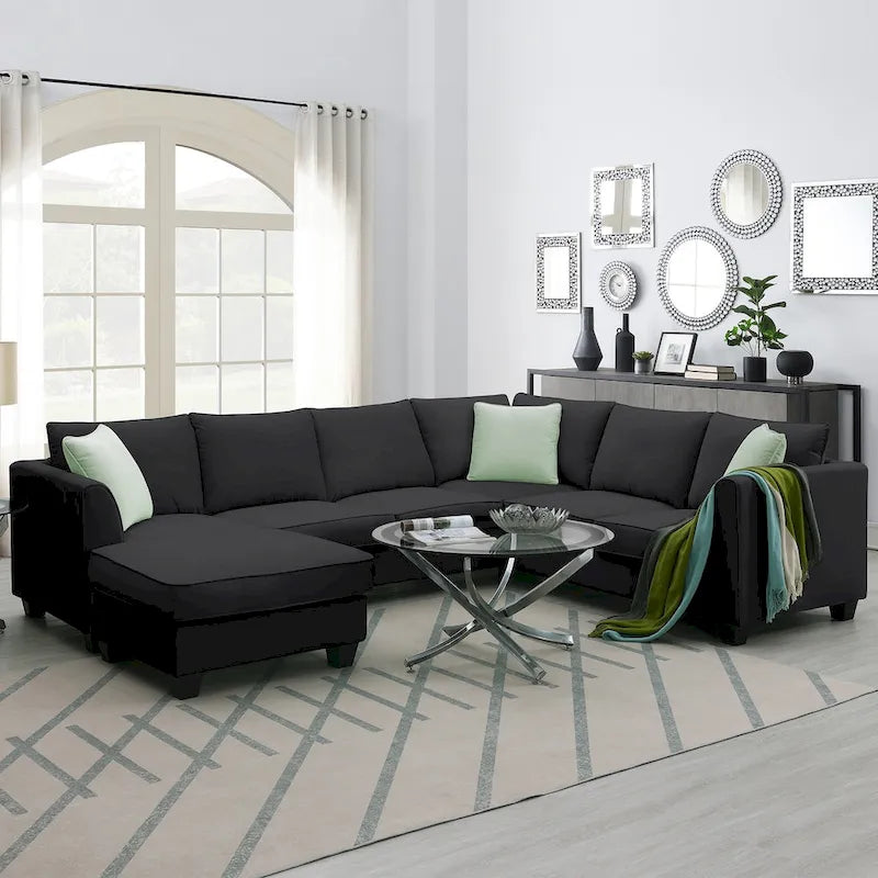 112*87 Sectional Sofa Couche Living Room Sets,7 Seats Sectional Sofa with Ottoman, L Shape Sofa Corner Couch Set with 3 Pillows