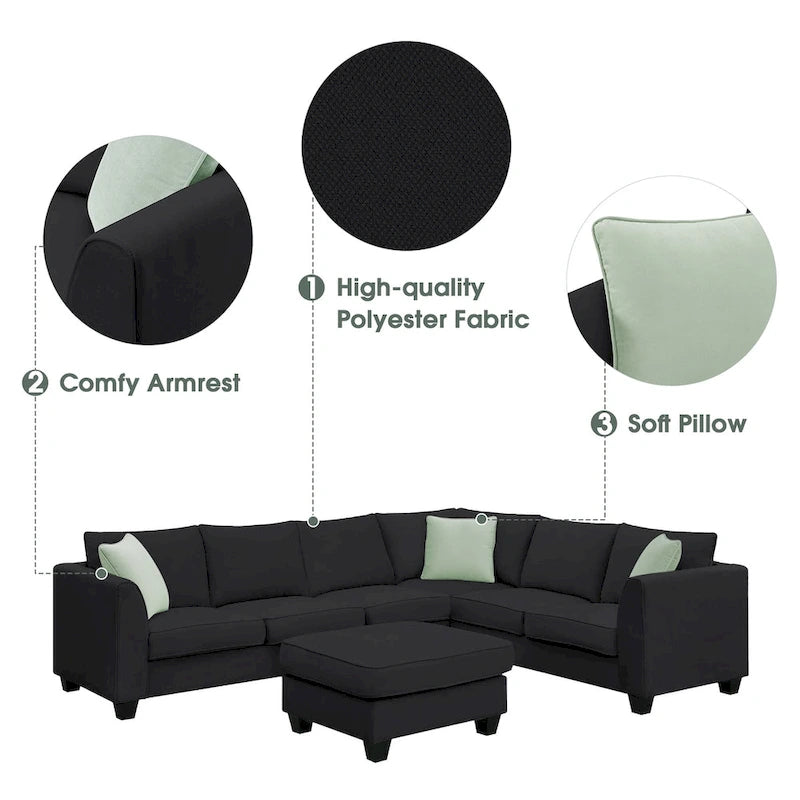 112*87 Sectional Sofa Couche Living Room Sets,7 Seats Sectional Sofa with Ottoman, L Shape Sofa Corner Couch Set with 3 Pillows