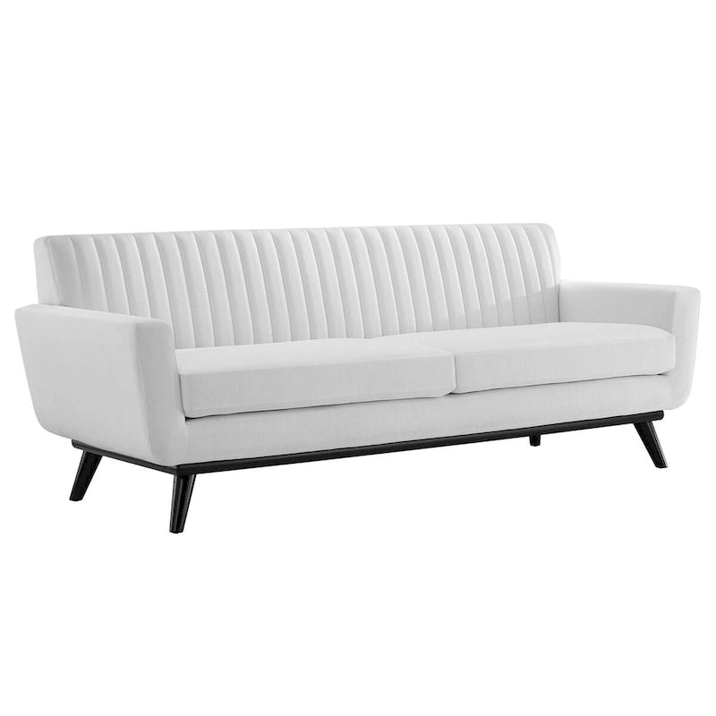 Grey Channel Tufted Fabric Sofa with Black Legs