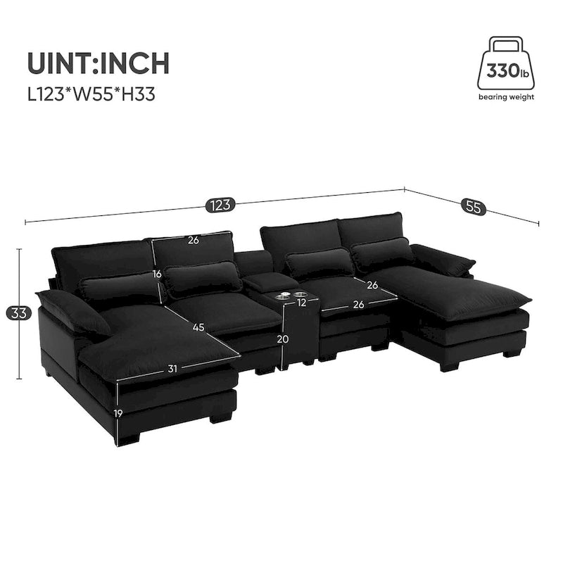 Black Velvet U-Shaped Sectional Sofa 6-Seater