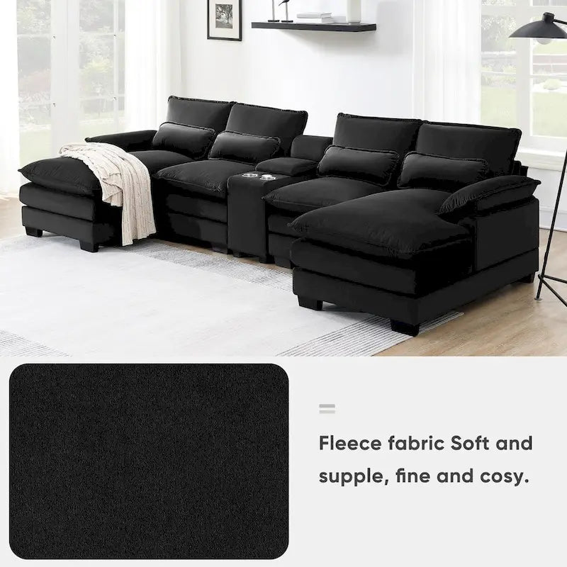 Black Velvet U-Shaped Sectional Sofa 6-Seater